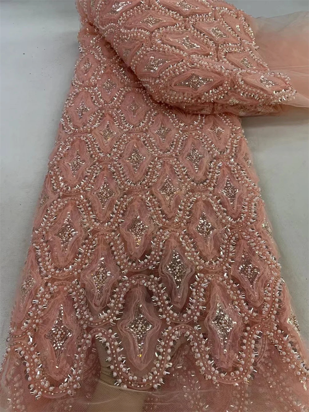 Peach Heavy Sequins Pearls French Mesh Tulle Wedding Embroidery African Nigerian Beaded Lace Fabric Luxury For Women DresWp595-1