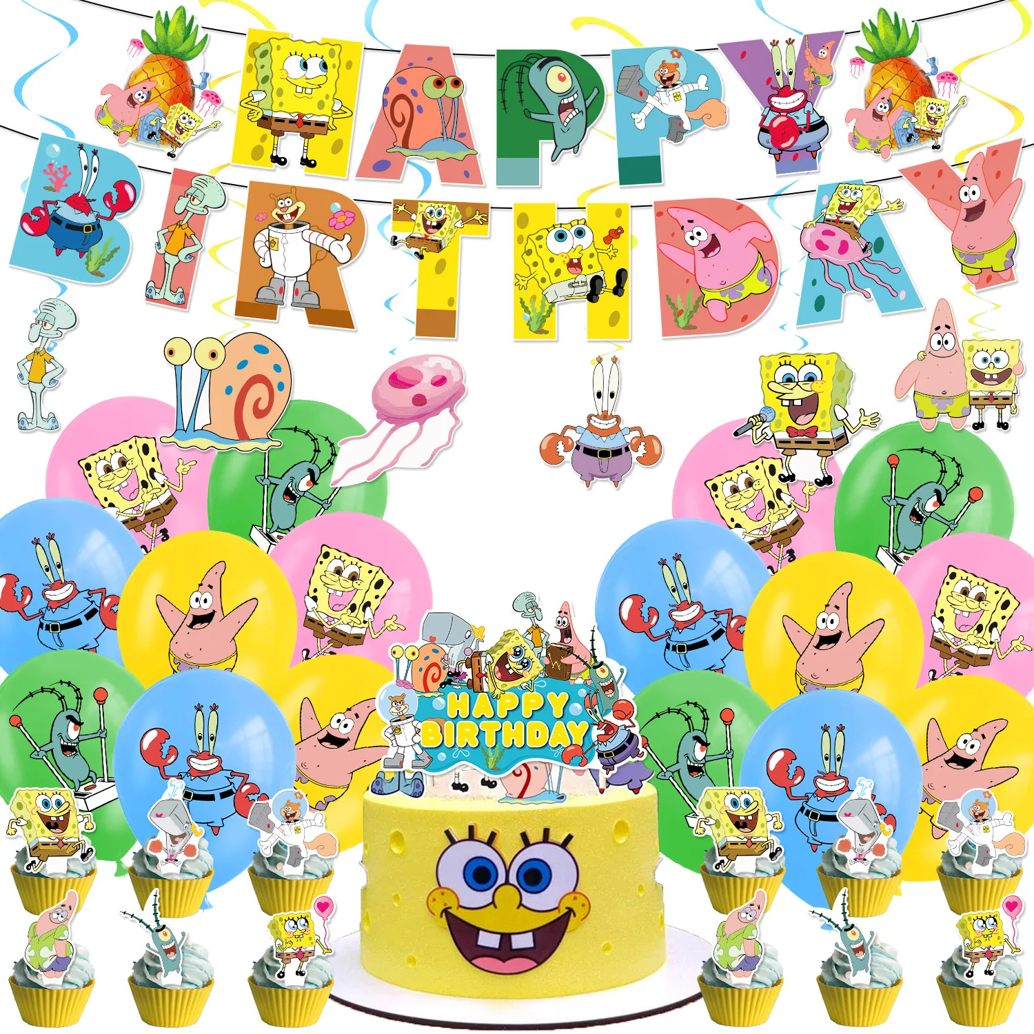 

SpongeBob SquarePants Birthday Party Decorations - Banners/Streamers/Balloons/Hanging Swirls/Cupcake Toppers Fun Themed Supplies