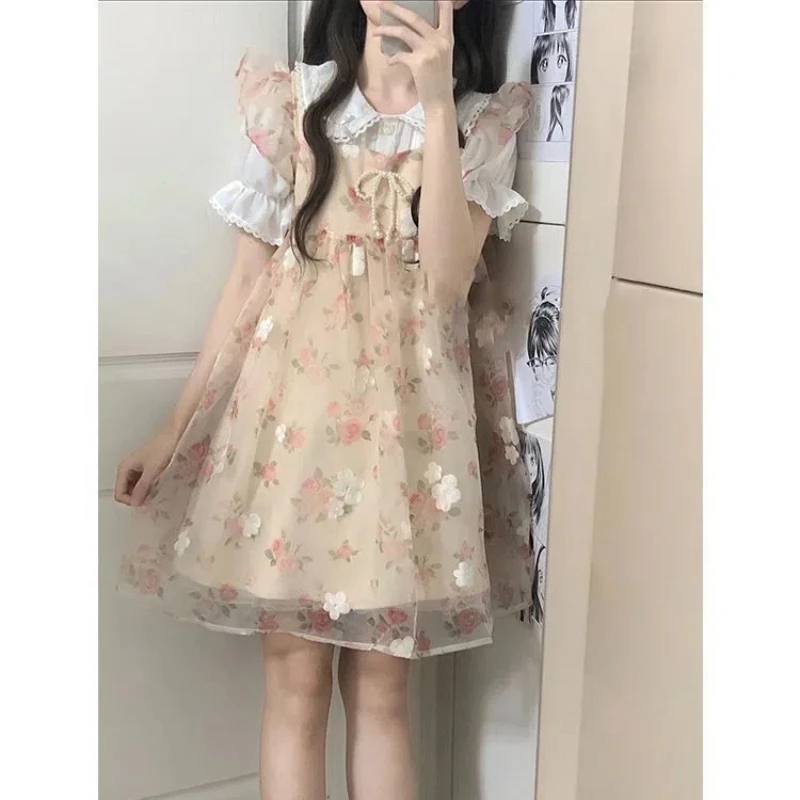 Summer New Set Woman 2 Pieces All-match Puff Sleeve Ruffled Neck Slim Shirt Sweet Bow Strap Kawaii Printed A-Line Princess Dress