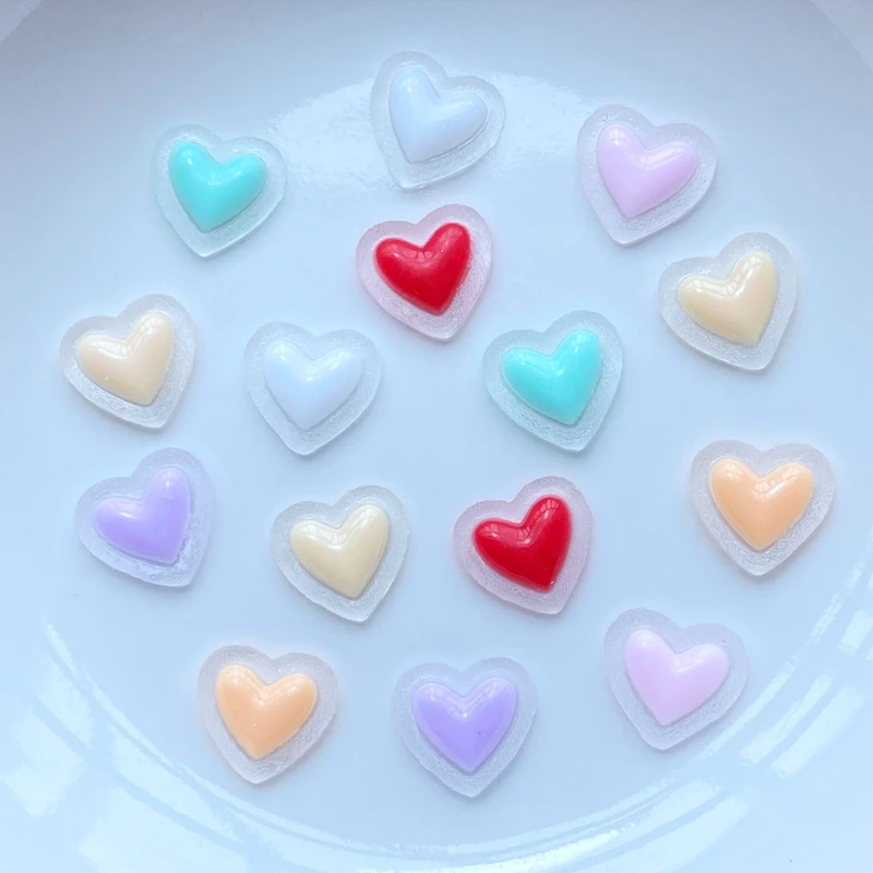 50Pcs New 9*10mm Cute Mini 3D Heart Series Resin Figurine Crafts Flatback Cabochon Ornament Jewelry Making Hairwear Accessories