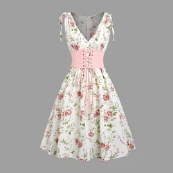 Women's Sleeveless Dresses Floral Print Cinched Shoulder Zipper Back V Neck Dress And Solid Lace Up Corset Belt Set Dress 2024