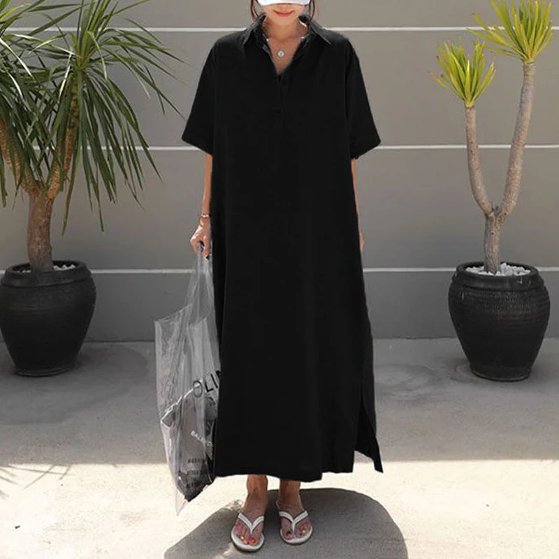 Summer New Turn-down Collar Solid Color Tshirt Dress Women Button Short Sleeve Loose Casual Maxi Dress Ladies Korean Style Robe