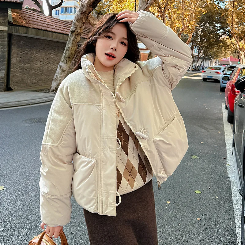 Retro Horn Buckle Stitching Cotton-padded Jacket Women Winter Coat Korean Casual Fashion Cotton Clothes Parkas Female Outwear