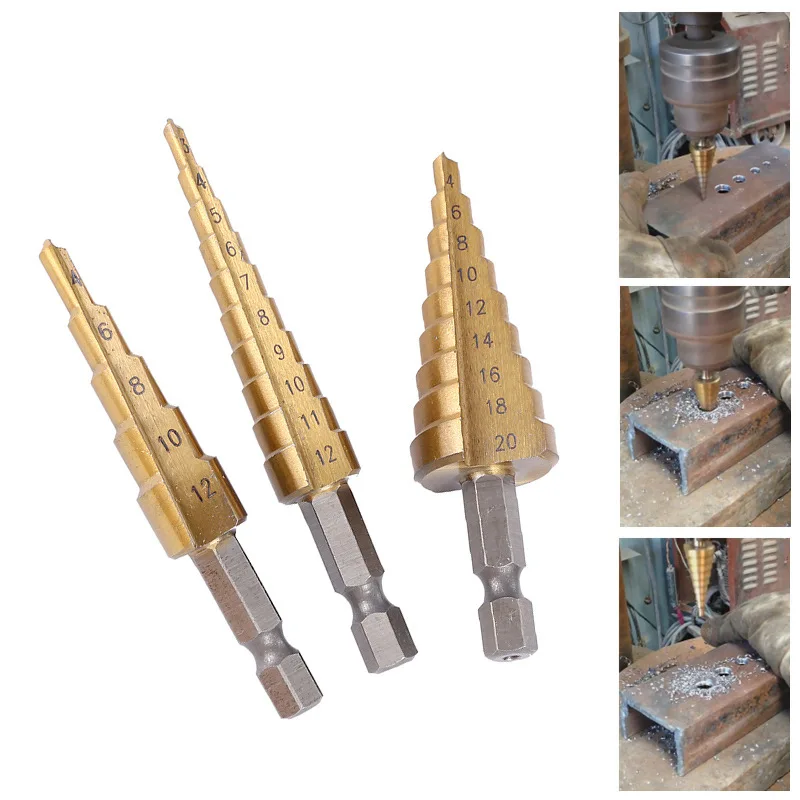 3Pcs 3-12mm 4-12mm 4-20mm HSS Straight Groove Step Drill Bit Titanium Coated Wood Metal Hole Cutter Core Cone Drilling Tools Set