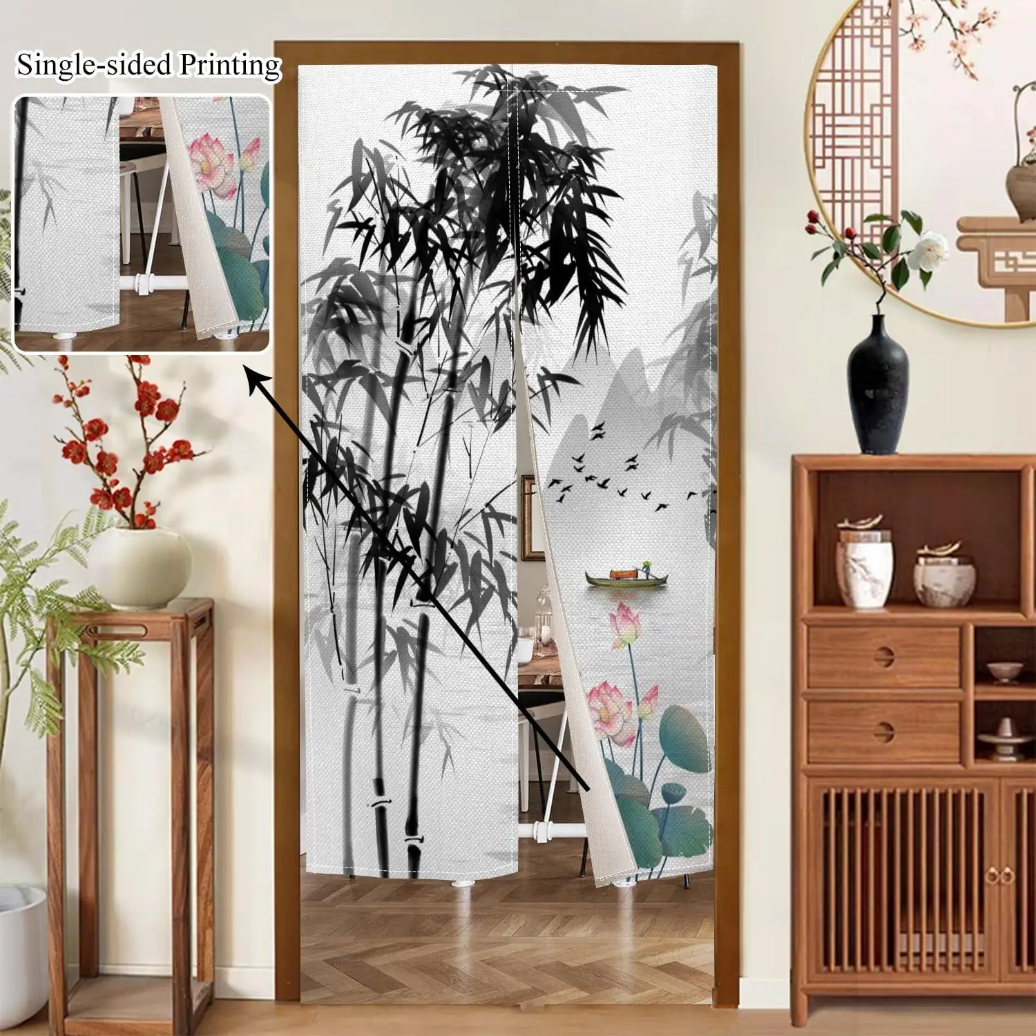 Bamboo Lotus Noren Curtain, Chinese Style Ink Wash Print For Home & Tea House, Zen Oriental Room Divider With Mountain & Bird