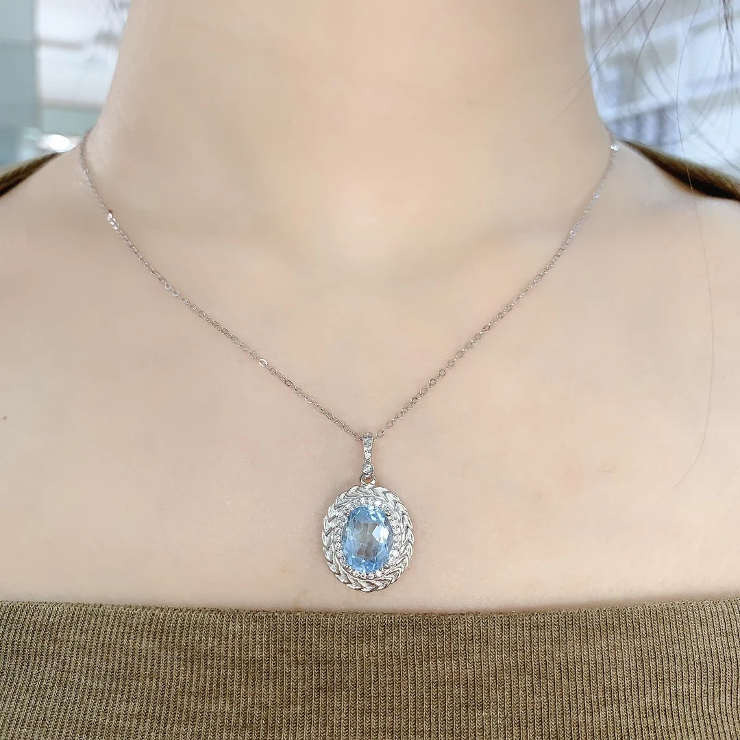 SHILOVEM 925 sterling silver Natural  Blue Topaz pendant 8*10mm classic fine Jewelry  women gift send necklace lz0810687agb