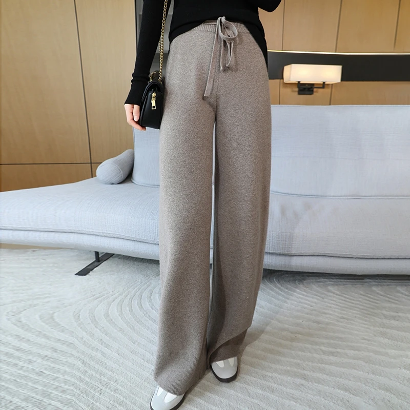 100% wool Knit Wide-Leg Pants Women's Elastic Waist Loose Straight Trousers Leisure Thick Drawstring Mopping Pants