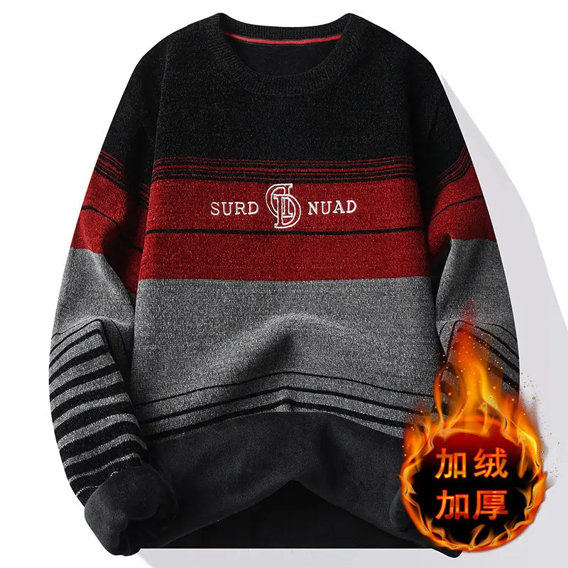 Men's Crew-neck Sweater with Fleece Thickened Integrated Fleece Hoodie Autumn and Winter Warm Wool Sweater