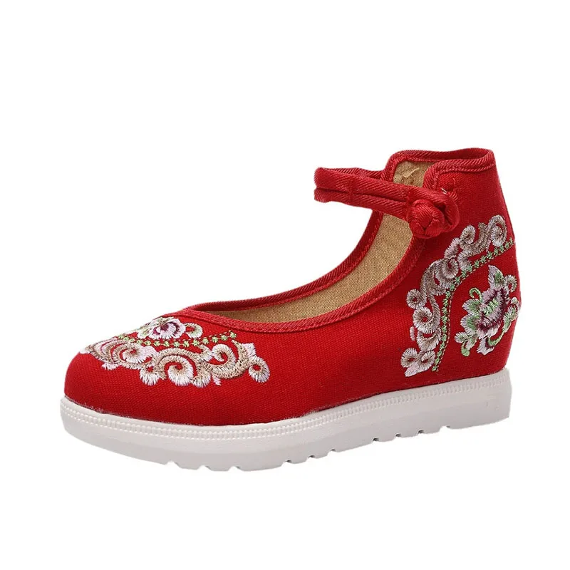 Women's canvas ankle strap with spring and autumn Chinese style retro embroidery wedge heel women's buckle shoes