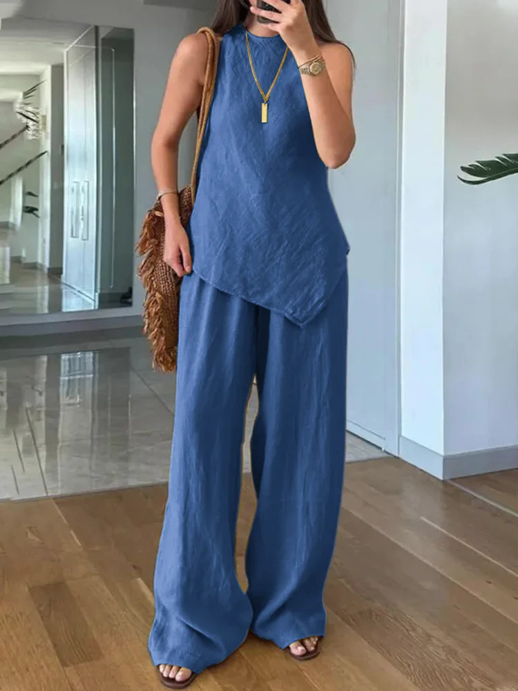 

Women's Long Pants Vest Two-piece Casual Daily Cotton Linen Round Neck Pullover Sleeveless Spring Summer Solid Color Set