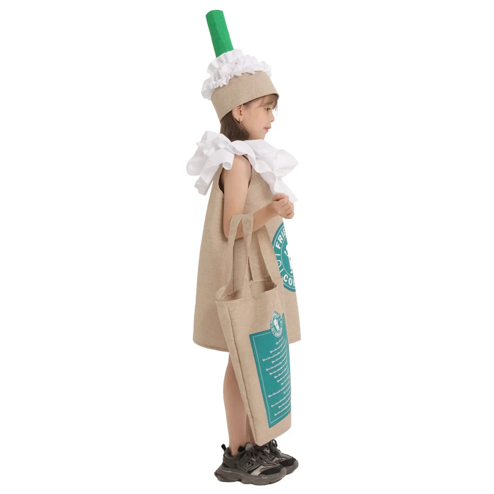 Disfraz de Frappuccino para niños, disfraz de bebida de té de la leche, disfraz para niños, sombrero de Halloween, traje elegante para escenario de Carnaval