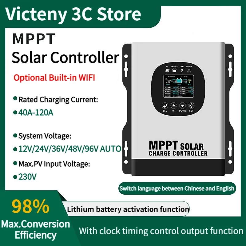 MPPT 230VDC Solar Charge Controller 12V/24V/48V/96V Built-In RS485/WIFI Colorful Screen Solar Panel Regulator 40A 60A 80A 120A