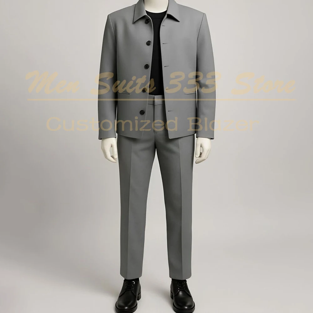 

Formal Grey Men's Suits Customzied Single Breasted Stand Lapel 2 Piece Jacket Pants Full Sets High Quality Male Clothing Costume