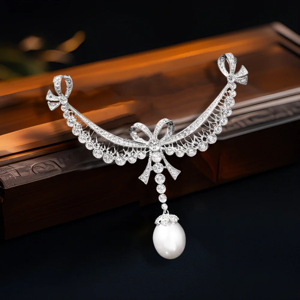 Vintage Palace Style Lace Wing Shape Bow Brooches Elegant Freshwater Pearl Pendant High-end Broche Decorativo De Ropa for Women