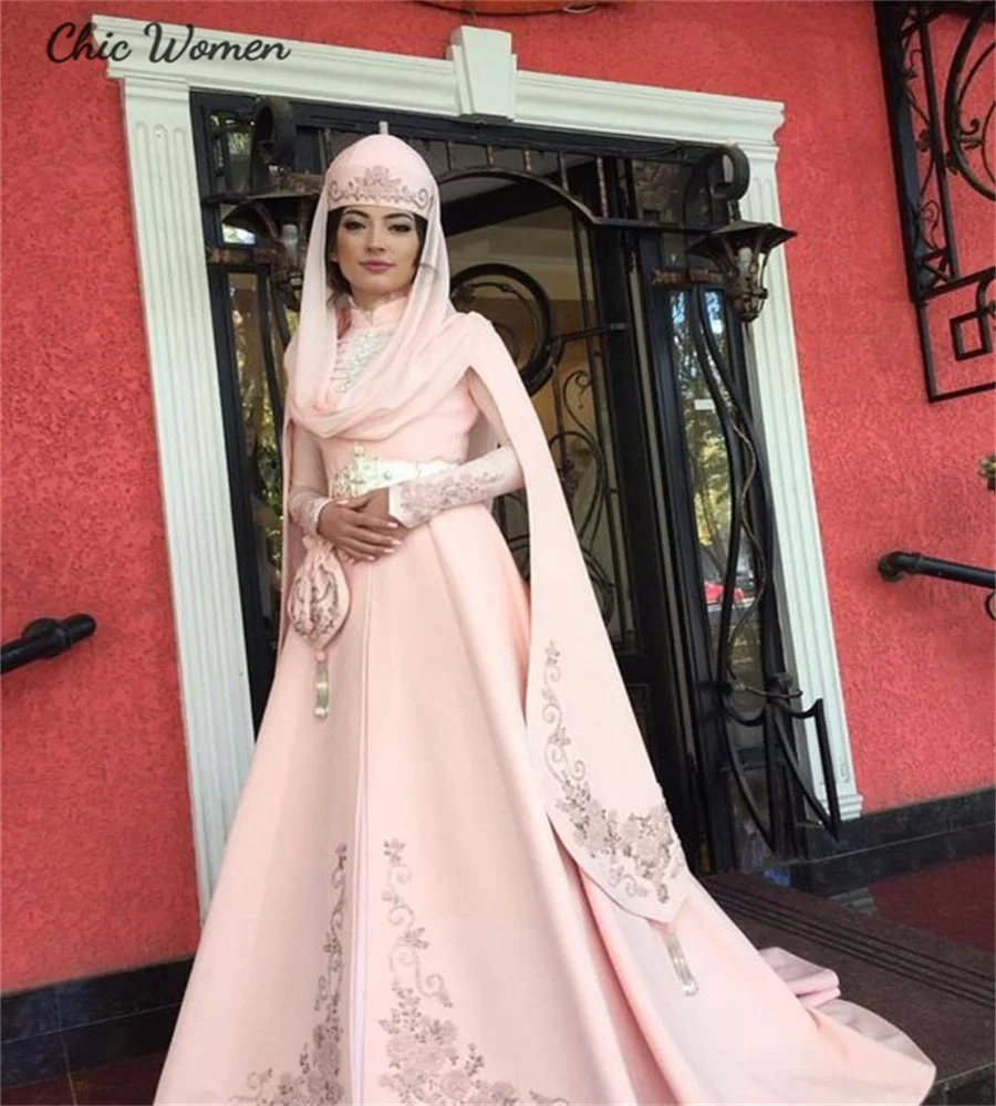 Robe de Mariée Pprédéterminée Rose à Manches sulf, Caftan Russe, Marocain, Dubaï, pour Femme Musulmane Irlandaise