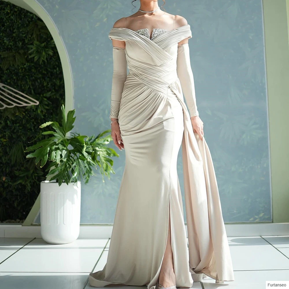 

Customized A-line Evening Dresses Floor-length Off The Shoulder Full Sleeve Prom Gown Fashion Crystal Pleat Draped Party Gown