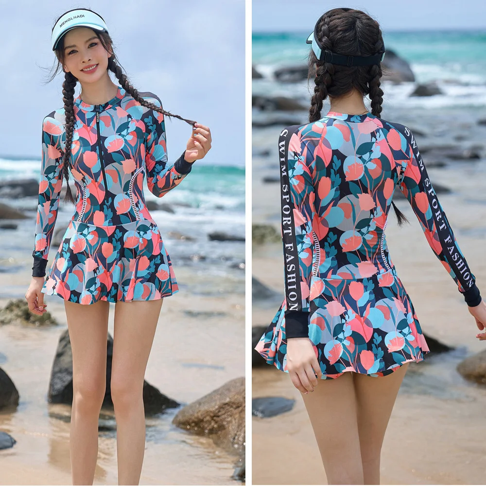 Women Long Sleeve One Piece Rash Guard Swimsuits Dress Zipper Bathing Suit Skirt with Boyshorts Beachwear Susnuit Rashguard