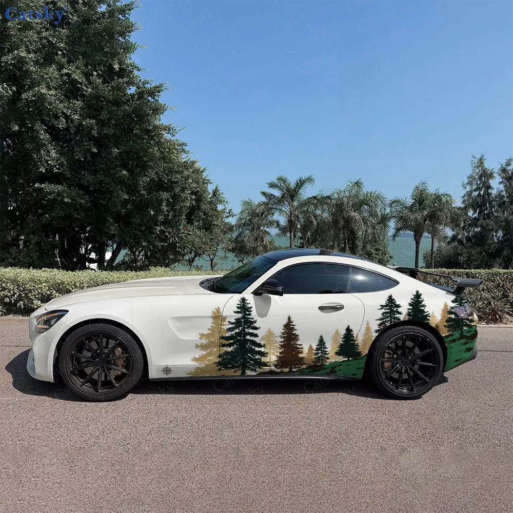 2pcs Autumn Pine Grove Car Side Wraps, Self-Adhesive PVC Waterproof & Scratch-Resistant Stickers, Car Accessory Gift