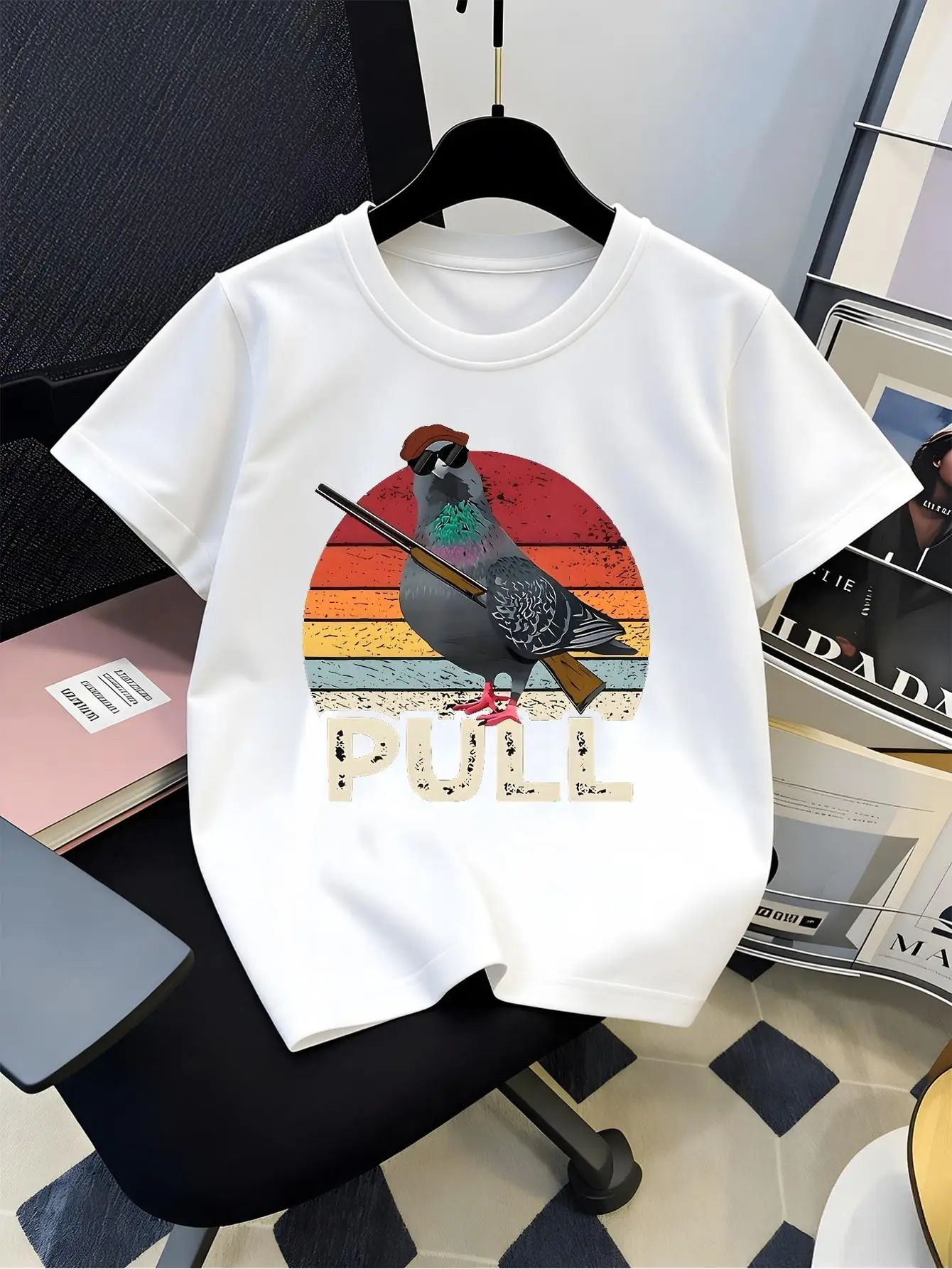 Retro Sunset Pigeon Pull Graphic Tee For Boys Girls Family Match Short Sleeve Tshirt Parent Kids Summer Casual Daily Wear Tops