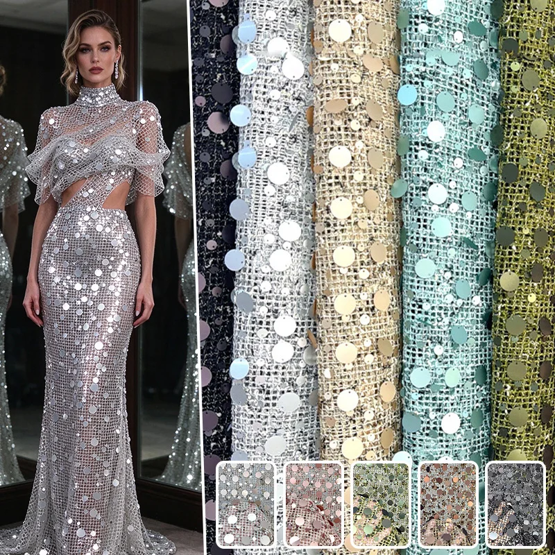 Sparkly Circle Sequin Hollow Mesh Fabric Sequin Stripe Grid Mesh Cloth for Evening Gown Stage Costume Party Dress DIY Sewing