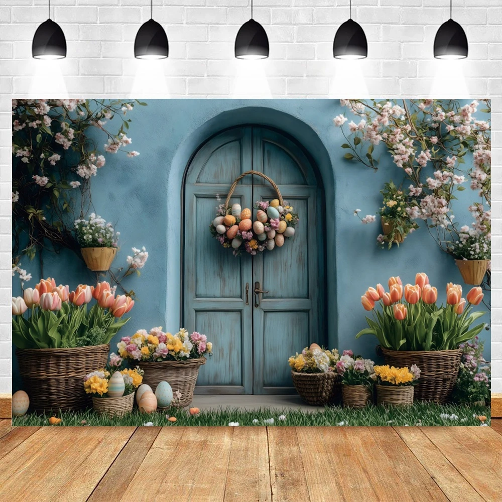 Retro Easter Photography Background Wooden Door Flower Floral Eggs Party Decor Kids Portrait Backdrop Photobooth Studio Props