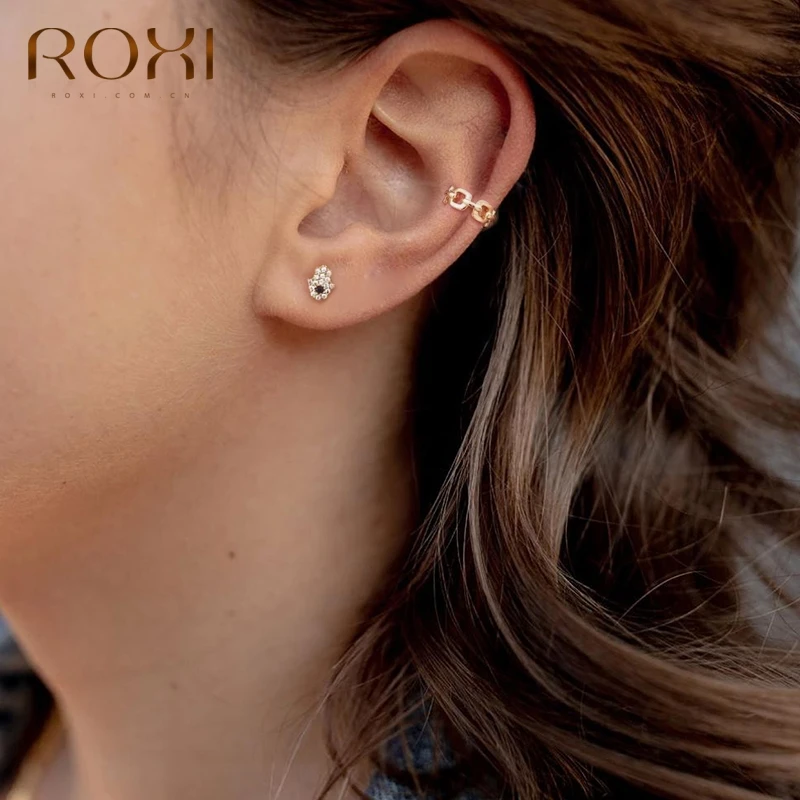 ROXI Luxury Eyes 925 Sterling Silver Piercing Eye Parallel Bars Stud Earrings for Women Round Zircon Pendientes Piercing Earring