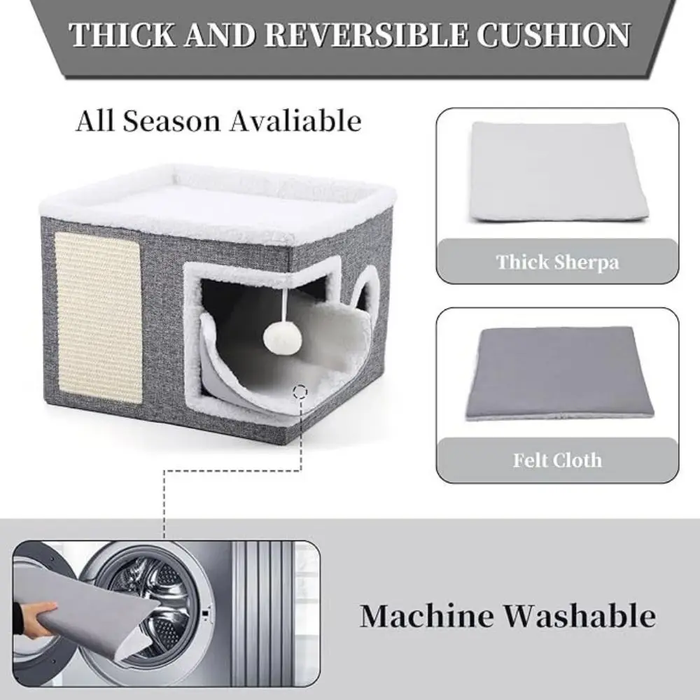 

Просторный складной домик для кошек с съемной подушкой, нескользящим дном, лежанкой-тоннелем, подвесным мячиком и когтеточкой-столбиком. Кошачье гнездо для дома.