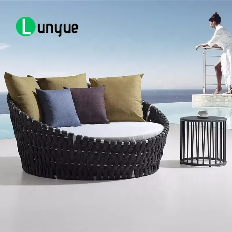 Outdoor Rope Furniture Garden Terrace Recliner Leisure Round Sofa Bed Durable Wicker Design for Patio Poolside Relaxation
