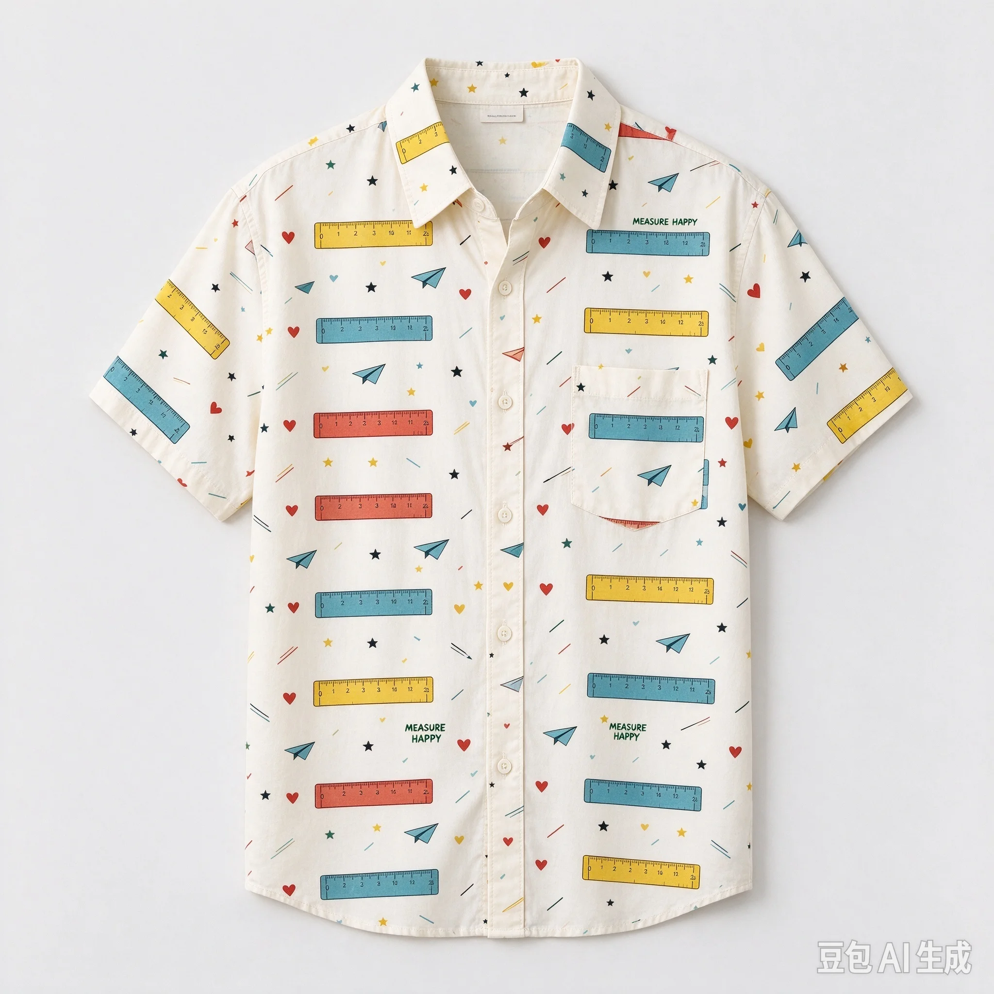 Men Women Unisex Allover Ruler Print Short Sleeve Shirt, Casual Button Down Tops, Loose Fit Cotton Linen Creative Stationery