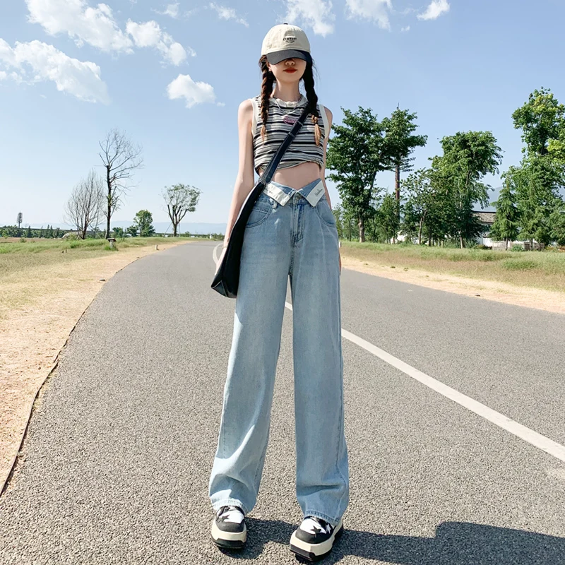 Rugged waist design and feeling denim women's new loose high waisted slim denim straight leg pants casual floor mop pants