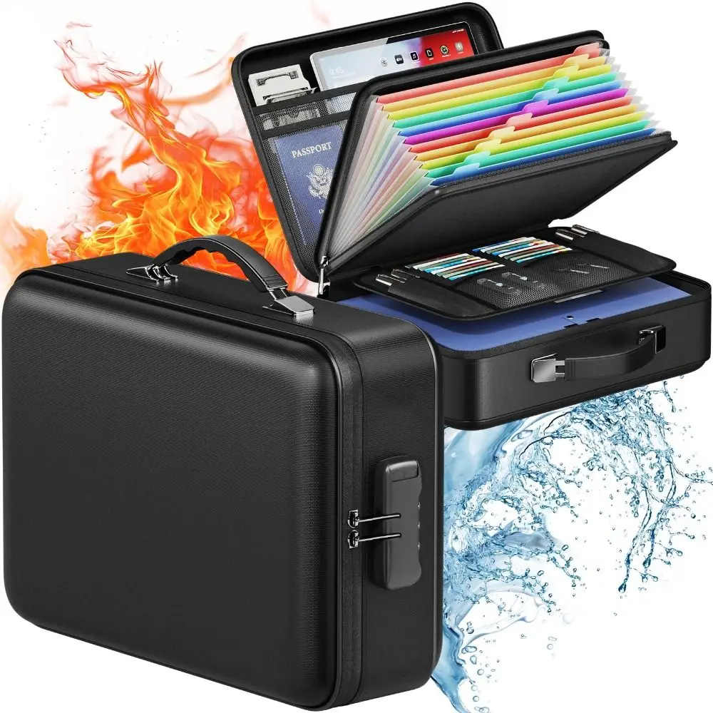 Hard-Shell Fireproof Document Box Fireproof Water Resistant Document Organizer Large Capacity Portable File Organizer