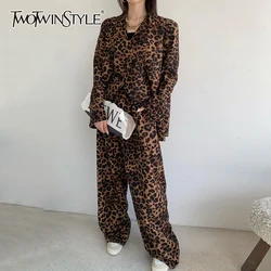 TWOTWINSTYLE Leopard Three Piece Set For Women Notched Collar Long Sleeve Coat V Neck Vest High Waist Pant Casual Sets Female