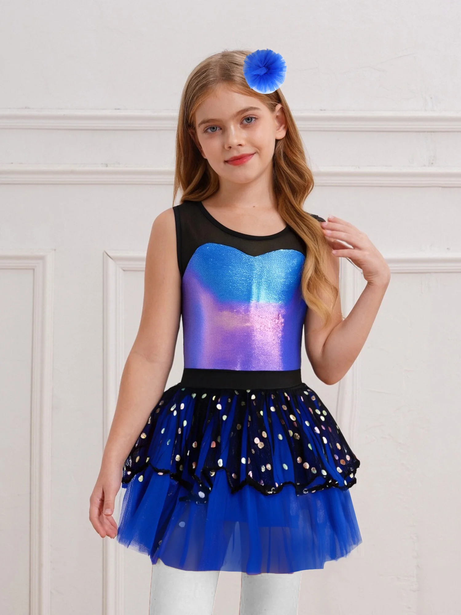 Vestido tutú de Ballet con corpiño metálico de malla transparente sin mangas para niña y niño con tocado para fiesta de baile puesta en escena