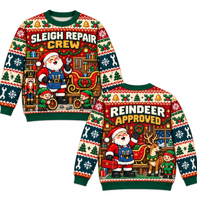 Funny Ugly Christmas Sweater Men Santa Popcorn Repair Crew Reindeer Star Watch Cheese Print Crewneck Long Sleeve Pullover