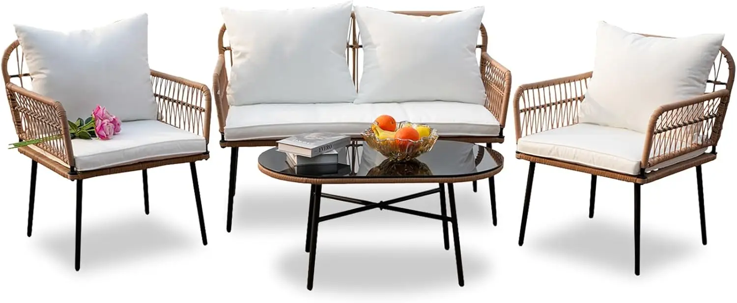 

4PC Patio Furniture Boho Style, Outdoor Wicker Chairs with White Washable Cushions and Glass Coffee Table, Loveseat & Single