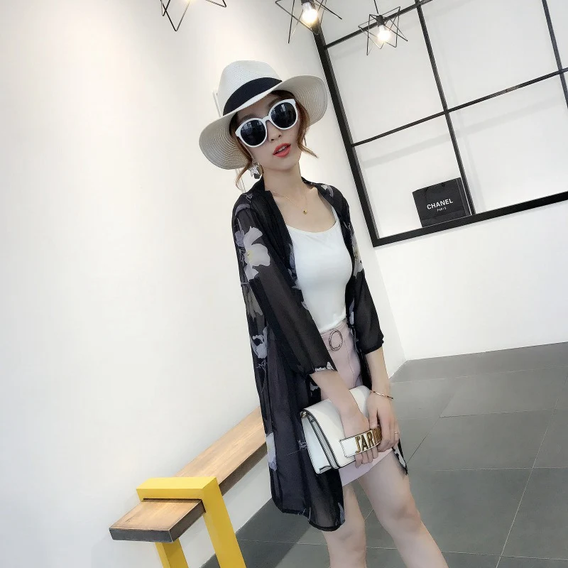 Women Shawl Blouses Plus Size Printed Cardigan Women Tops V Neck Three Quarter Loose Chiffon Ponchos Kimono Cardigan