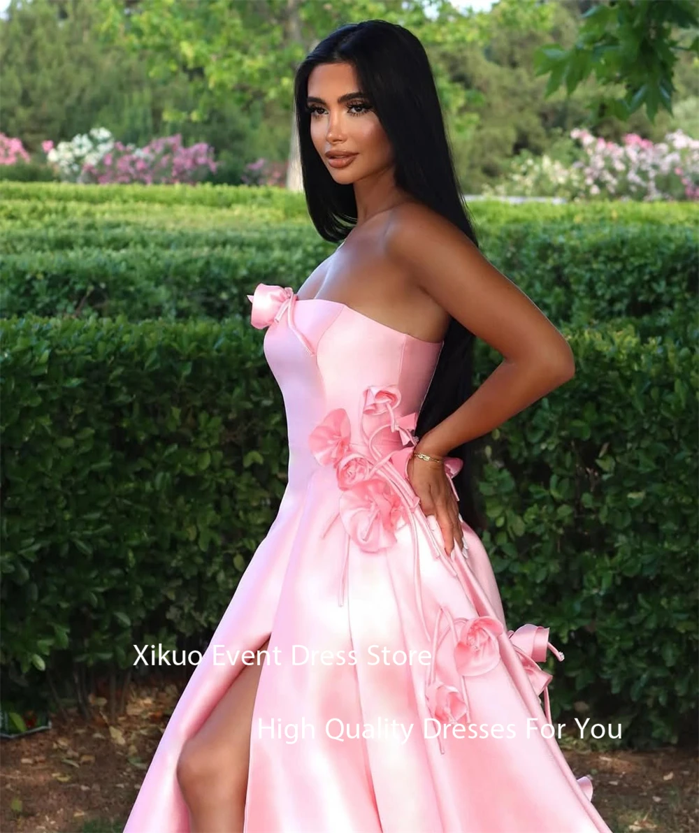 Xikuo Elegant Pink Satin Prom Dress A Line Strapless Happy Evening Gown 3D Flowers High Side Slit Sukienka Wieczorowa Customized