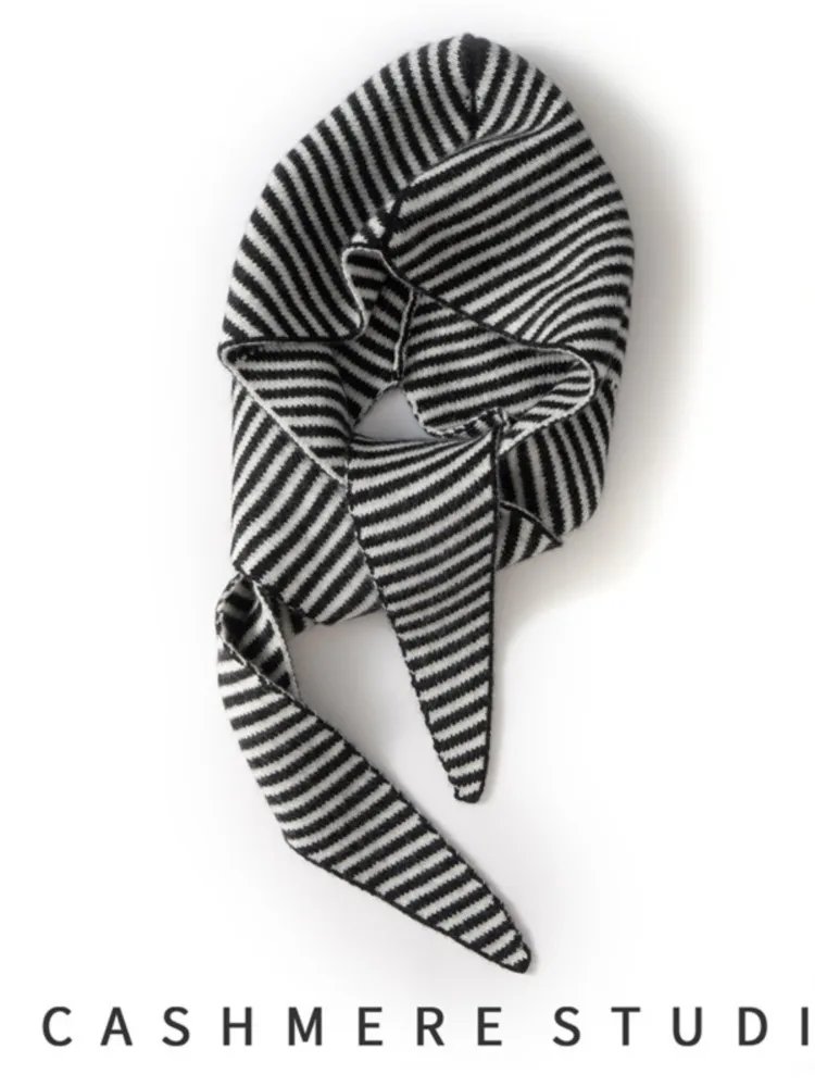 Women Striped Personalized Retro Striped 100% Cashmere Knitted Hood Hat Women Tie Band Ear Cover Soft Warm Outdoor Head Cap
