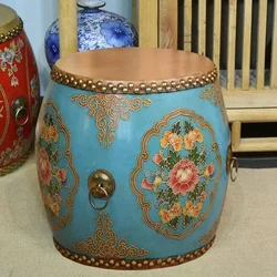 Taburete de madera maciza, sofá circular para sala de estar, reemplazo de zapatos de tambor de piel de vaca china, instalación de mortaja