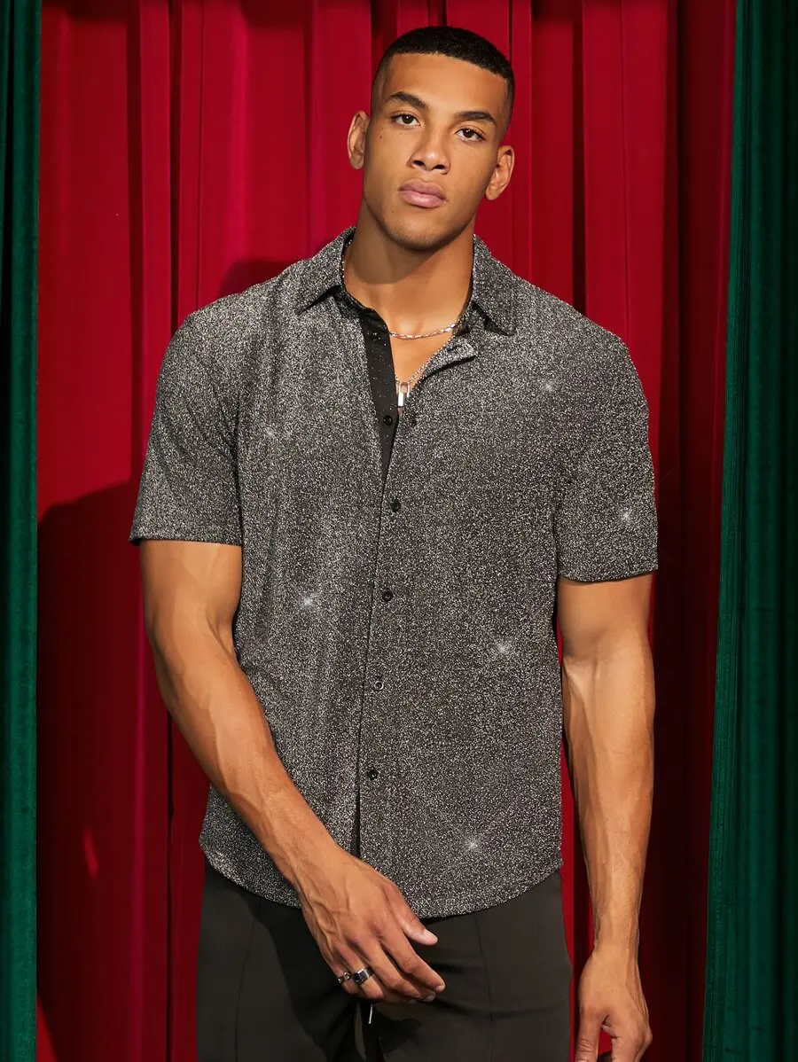 

Sparkle Texture Short Sleeve Button-Front Casual Woven Shirt for Summer