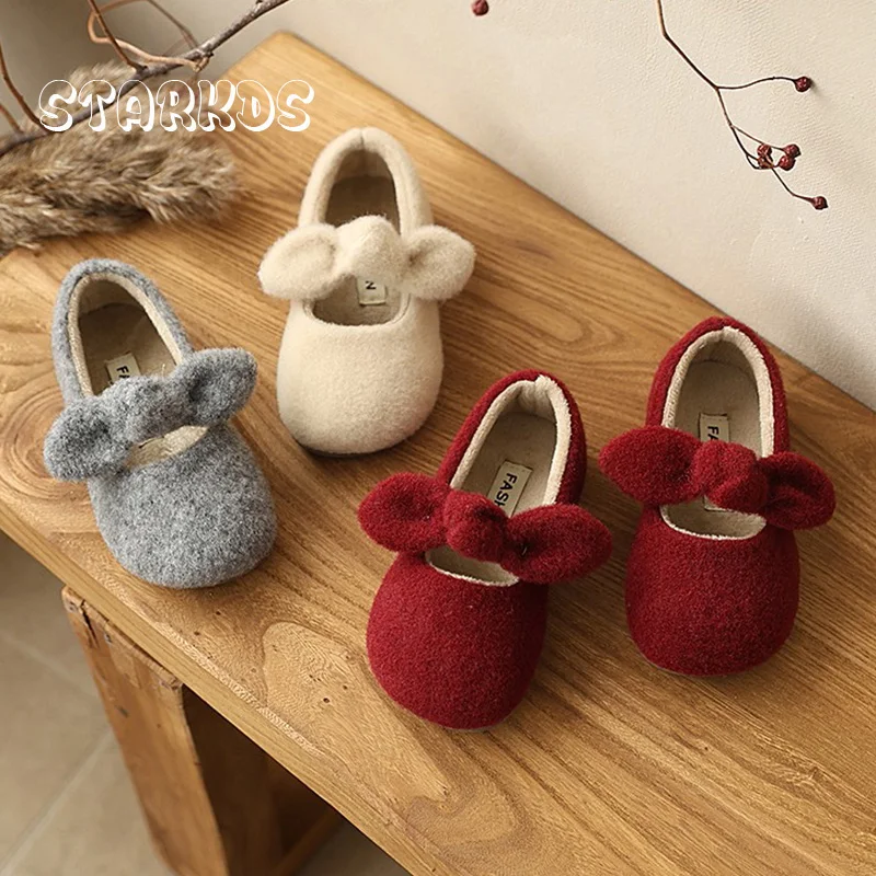 

Warm Short Plush Ballet Flat Shoes Kid Girl Winter Bowknot Design Fleece Felt Mary Jane Shoes Baby Child Soft Wool Dress Zapatos