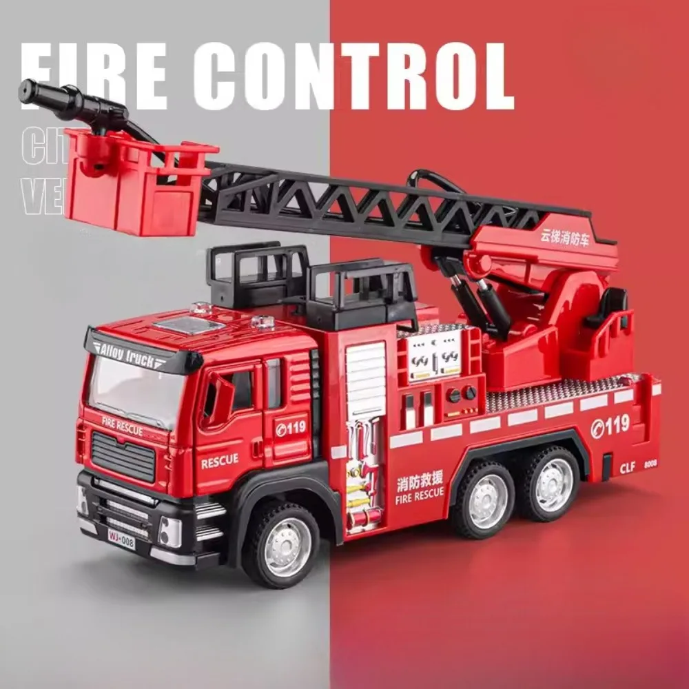 1/32 Fire Ladder Truck Water Tanker Car Toy Model Alloy Diecasting Doors Opened Water Spray Models Decorative for Children Gifts