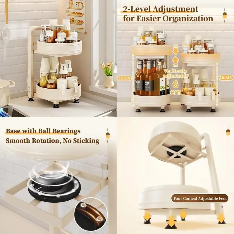 Customizable Double Rotating Seasoning Rack Carbon Steel Kitchen Storage Organizer Space Saving Pantry Shelf for Condiments