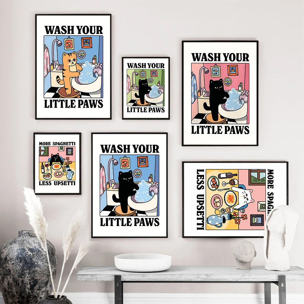 Wash Your Paws Cat Canvas Painting Cute Bathroom Poster Kawaii Print Wash Room Washing Up Wall Art Pictures for Home Decoration