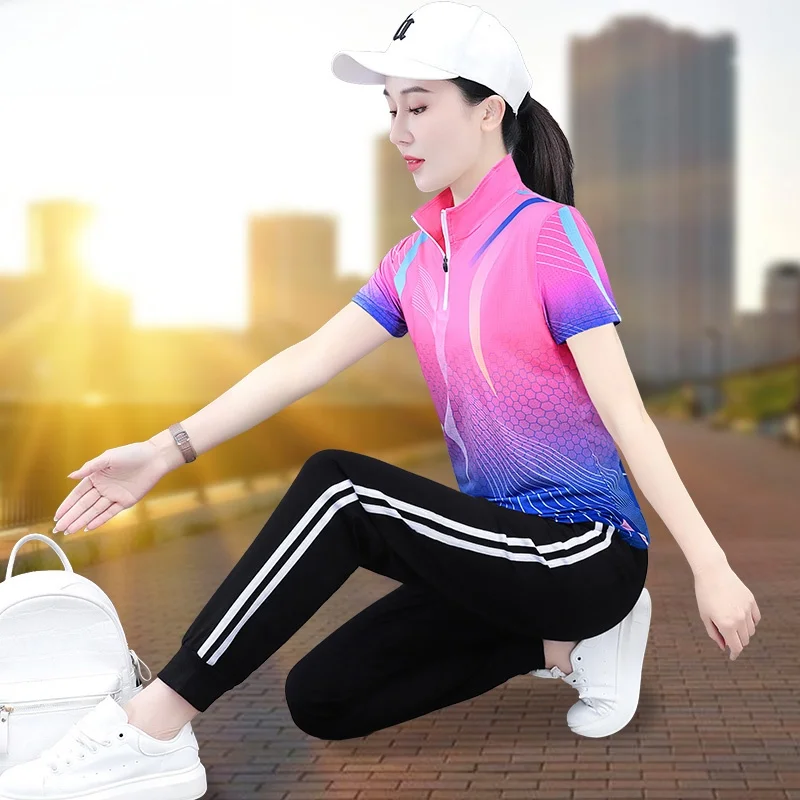 

Спортивный костюм Ice Silk Qui Dry Fitn, женская футболка, дышащий легкий комплект из двух предметов для бега, корейский свободный крой