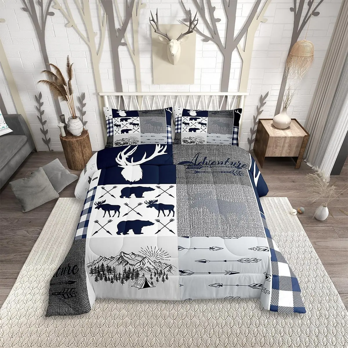 

Camping Comforter Set For Kids, Deer Bear Bedding Set Twin Size Rustic Buff Plaid Patchwork Down Comforter For Teens Adult