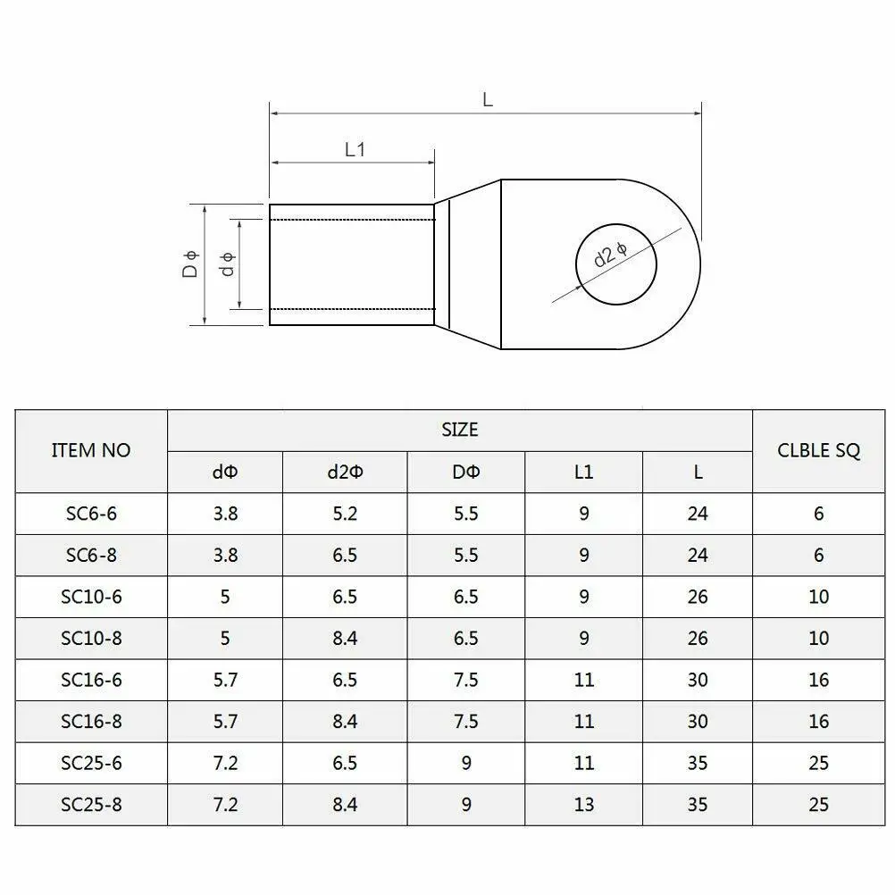 10/25/50/100pcs Copper Lug Ring Wire Connectors Bare Cable Electric Crimp Terminal SC6-6 SC6-8 SC10-6 SC10-8 SC16-6 SC25-6