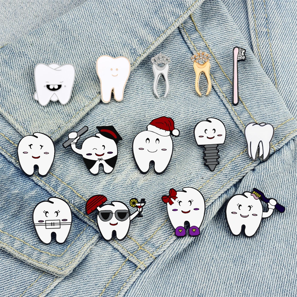 Cartoon Teeth Collection Brooch Protect Tooth Enamel Pins Cute Smile Dentist Badge Jewelry Bag Lapel Metal Pin Jewelry Kids Gift