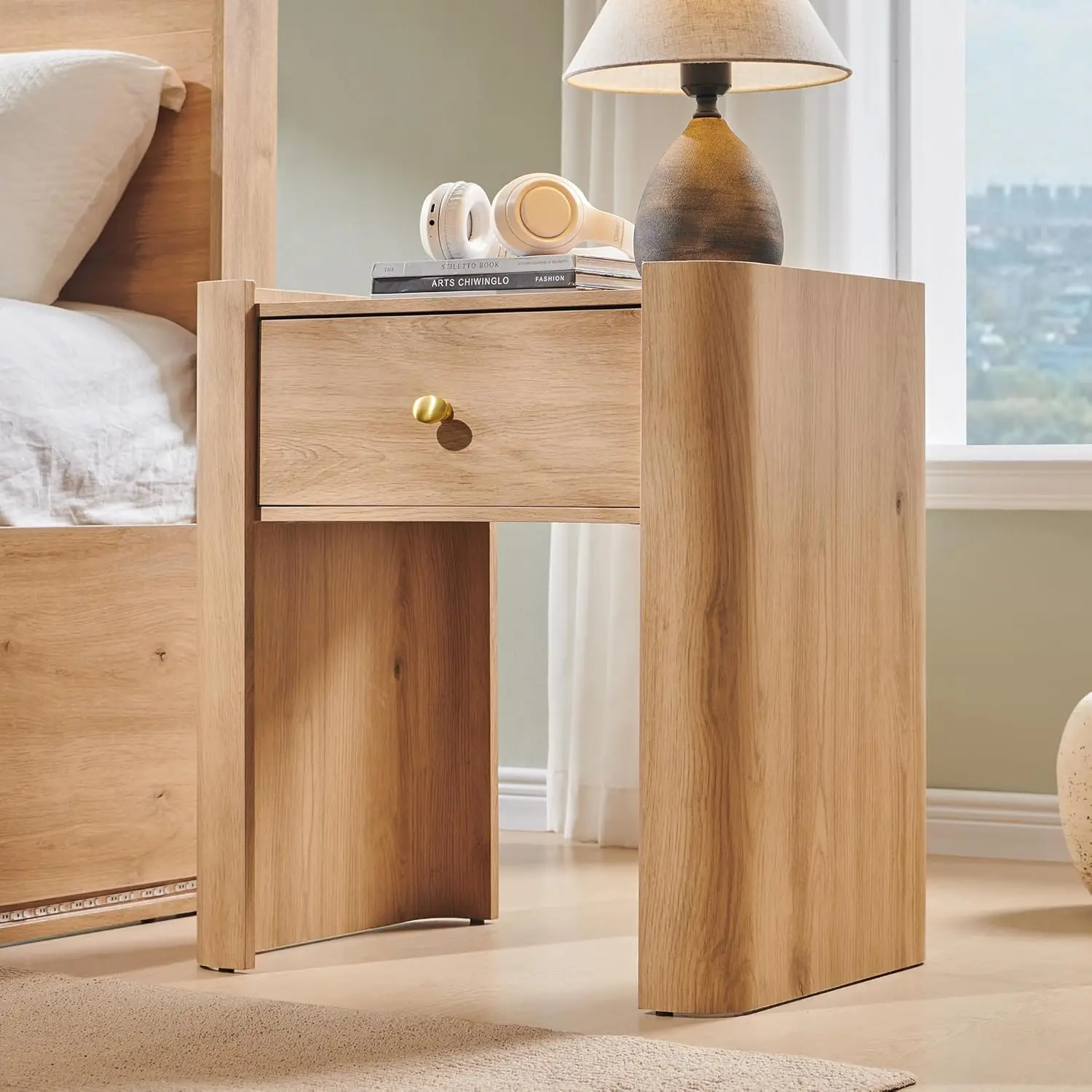 23.6' Tall Modern Nightstand with Charging Station, 22' Wide Wooden Bedside Table with Drawer, Natural Finish
