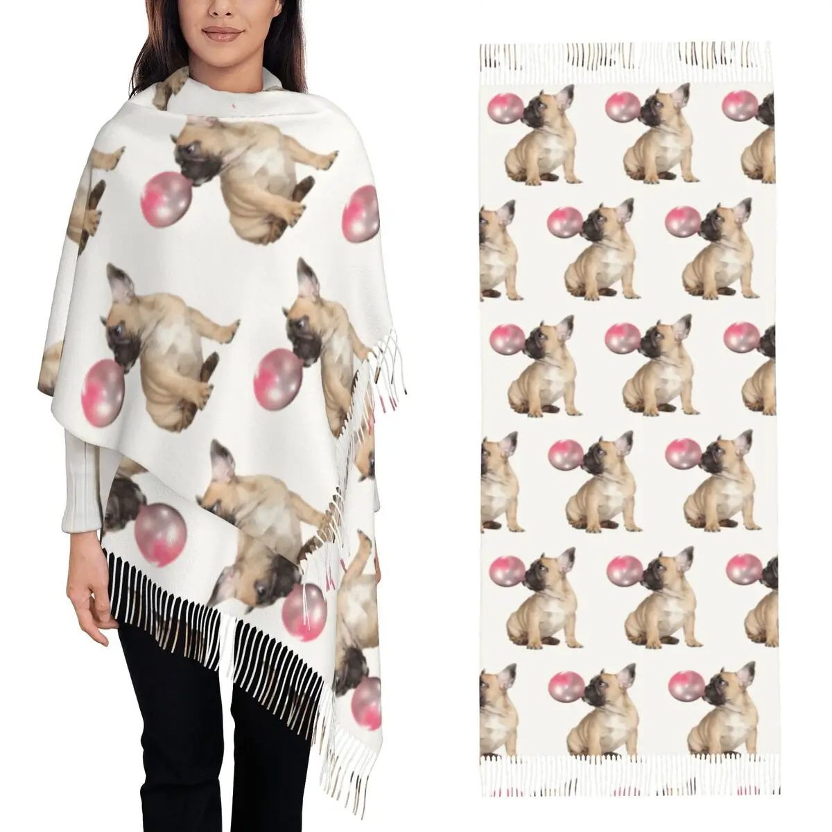 

Французский бульдог, щенок и розовая жевательная резинка, французский шарф для собак, шарфы с кисточками, женские мягкие шаль и накидки, длинная осенне-зимняя шаль, накидка